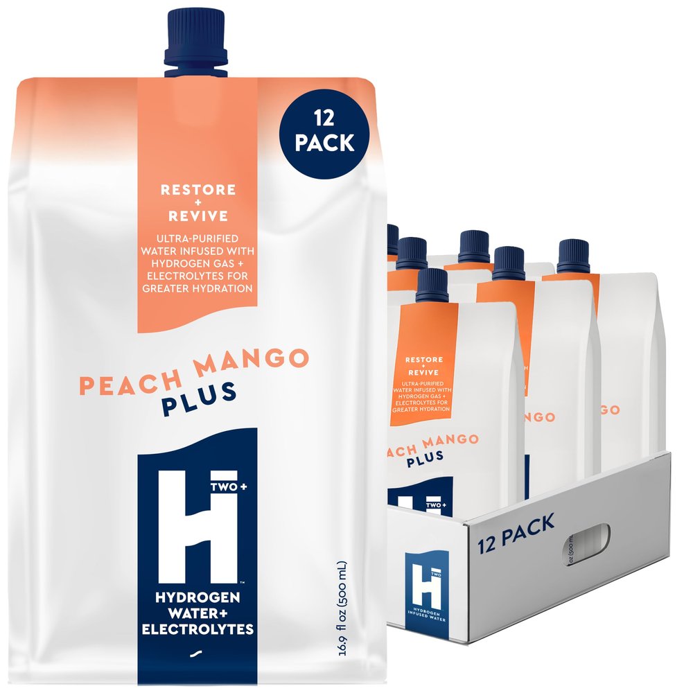 HTWO Plus Molecular Hydrogen Water with Electrolytes, Peach Mango Flavor, Sugar Free Hydration Packets, 16.9oz 12 Pack, Energy Sports Drink, Performance & Recovery Support, Alternative to Hydrogenated Tablet - no Prep/Mess