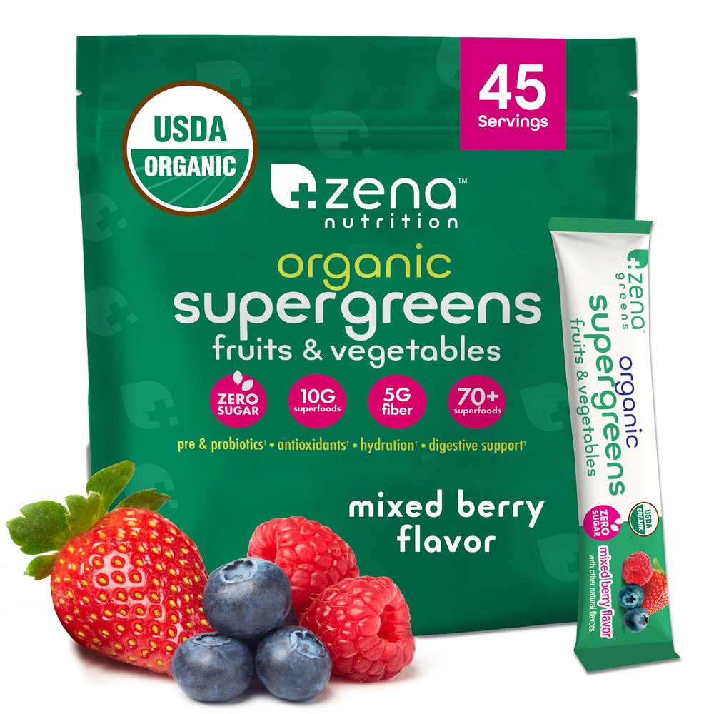 Zena Nutrition Organic Super Greens Powder, 70+ Superfoods, 0 Sugar, 5G Fiber, Spirulina, Chlorella, Antioxidants, Prebiotics/Probiotics, Digestive Enzymes, Mixed Berry, 45 Drink Mix Packets