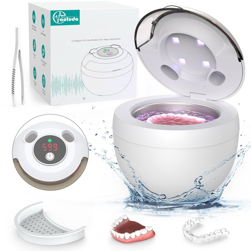 Aotuda 45kHz Retainer Cleaner Machine, 200ML Ultrasonic Dental Cleaning Pod with 4 Modes, Digital Timer, Mouth Guard Cleaner for Denture, Aligner, Braces, Toothbrush, Jewelry and More (White)