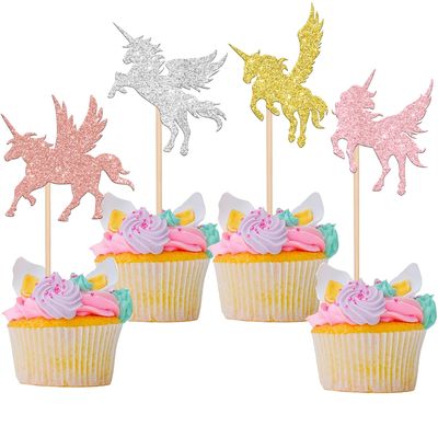 Rsstarxi 24 Pack Wing Horse Cupcake Toppers Glitter Baby Shower Cupcake Picks Decorations for Birthday Party Cake Decorations Supplies Multi