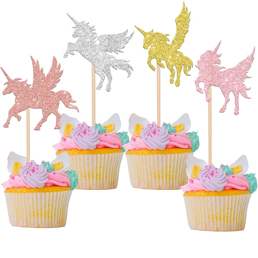 Rsstarxi 24 Pack Wing Horse Cupcake Toppers Glitter Baby Shower Cupcake Picks Decorations for Birthday Party Cake Decorations Supplies Multi