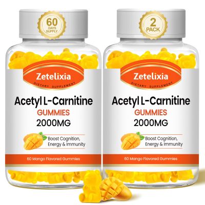 Zetelixia 2 Pack Acetyl L-Carnitine Gummies, L-Carnitine Supplement for Women & Men, Nutrition Supplement for Boost Energy, Immunity & Brain Health, Vegan, Non-GMO, Mango Flavor, 120 Count