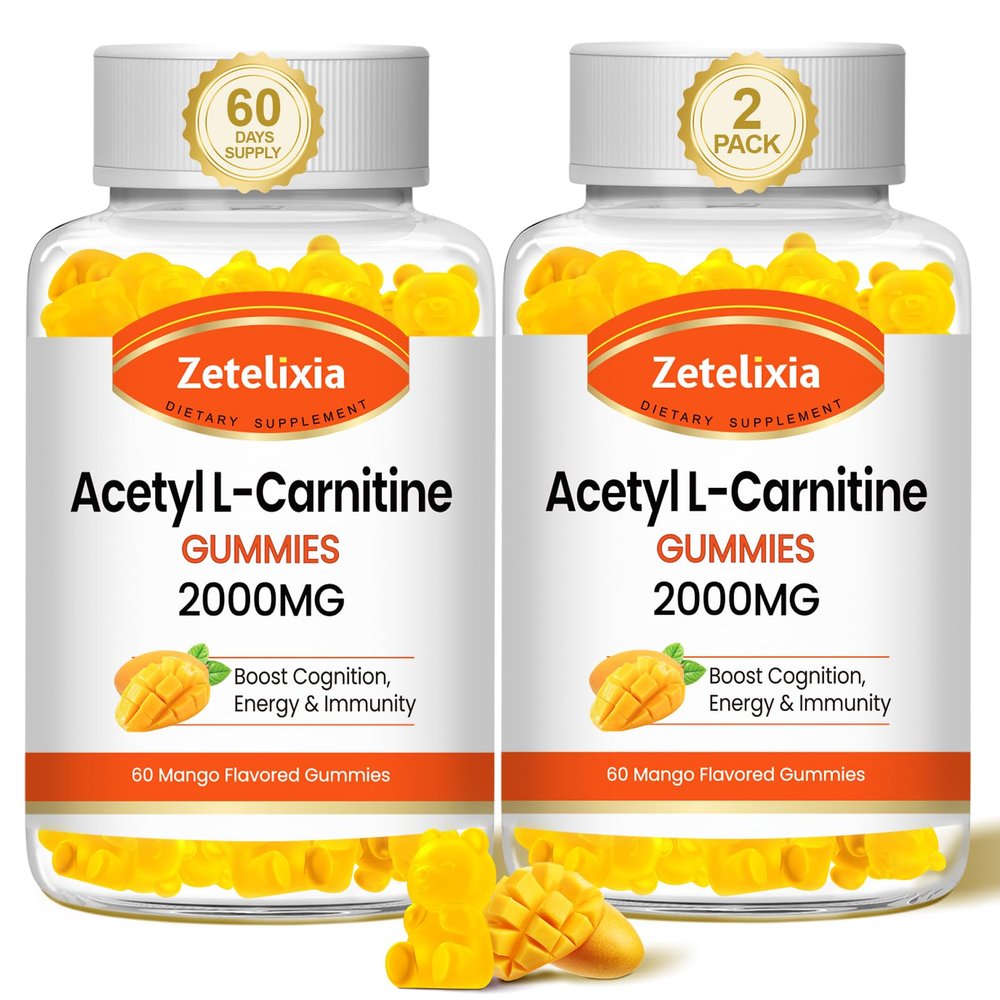 Zetelixia 2 Pack Acetyl L-Carnitine Gummies, L-Carnitine Supplement for Women & Men, Nutrition Supplement for Boost Energy, Immunity & Brain Health, Vegan, Non-GMO, Mango Flavor, 120 Count