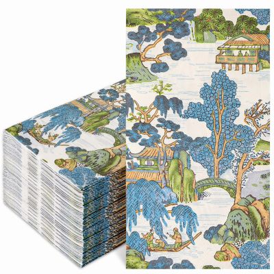 100Pcs Chinoiserie Guest Napkin Blue Green Vintage Disposable Paper Napkin Decorative Dinner Hand Napkin for Home Kitchen Bathroom Party Supplies Table Decor