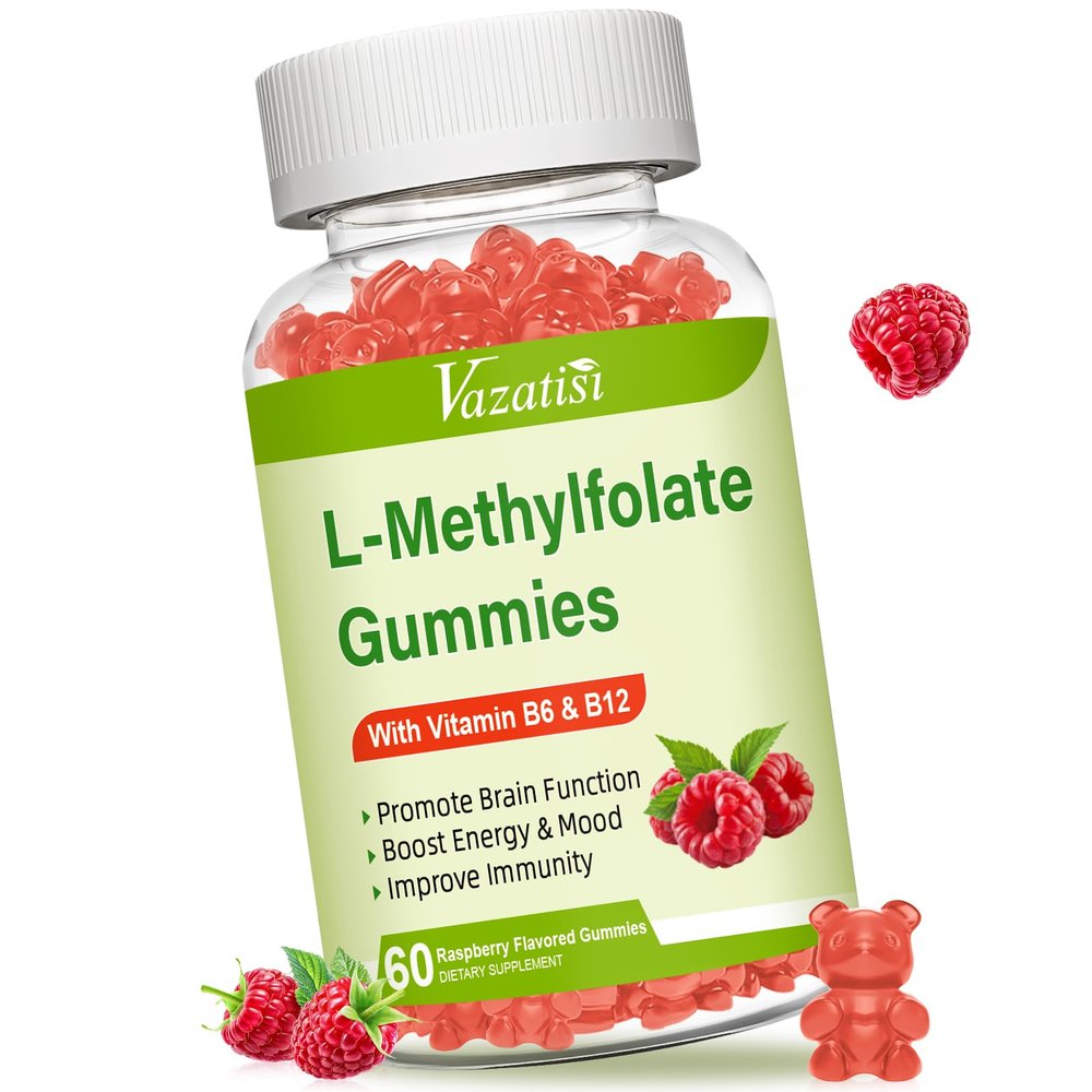 Vazatisi L-Methylfolate 15 mg Gummies with Methyl B12, Folate Supplement for Mood, Brain Health, Immune Support, Raspberry Flavor, 60 Count