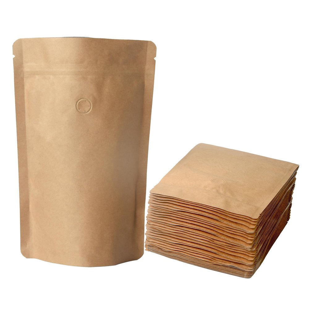 100 Pack Kraft Coffee Bags with Zipper Lock, High Barrier Resealable Stand Up Coffee Pouches, Degassing Valve for Coffee, Size for 32oz/1kg Beans or Grounded
