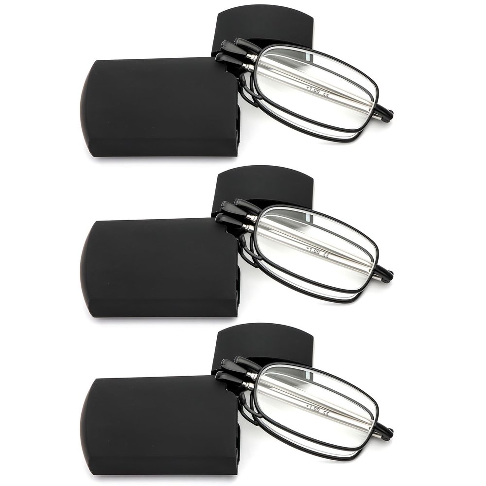 REAVEE 3 Pack Folding Reading Glasses for Men Women, Blue Light Blocking Computer Readers Spring Hinge with Small Compact Case, Black 2.0
