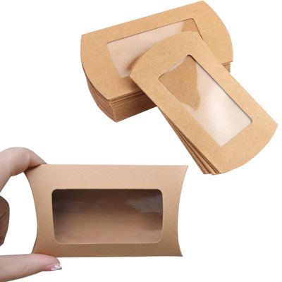 30pcs Kraft Paper Mini Pillow Packaging Box with Clear Window, Box Treat Gift Packaging Box for Bakery Candy Chocolate Jewelry Display Wedding Party Favor ( medium-sized, 6.3 x 2.83 x 0.98 inches)