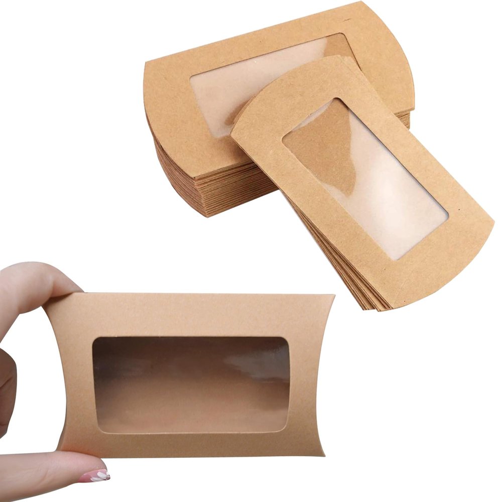 30pcs Kraft Paper Mini Pillow Packaging Box with Clear Window, Box Treat Gift Packaging Box for Bakery Candy Chocolate Jewelry Display Wedding Party Favor ( medium-sized, 6.3 x 2.83 x 0.98 inches)