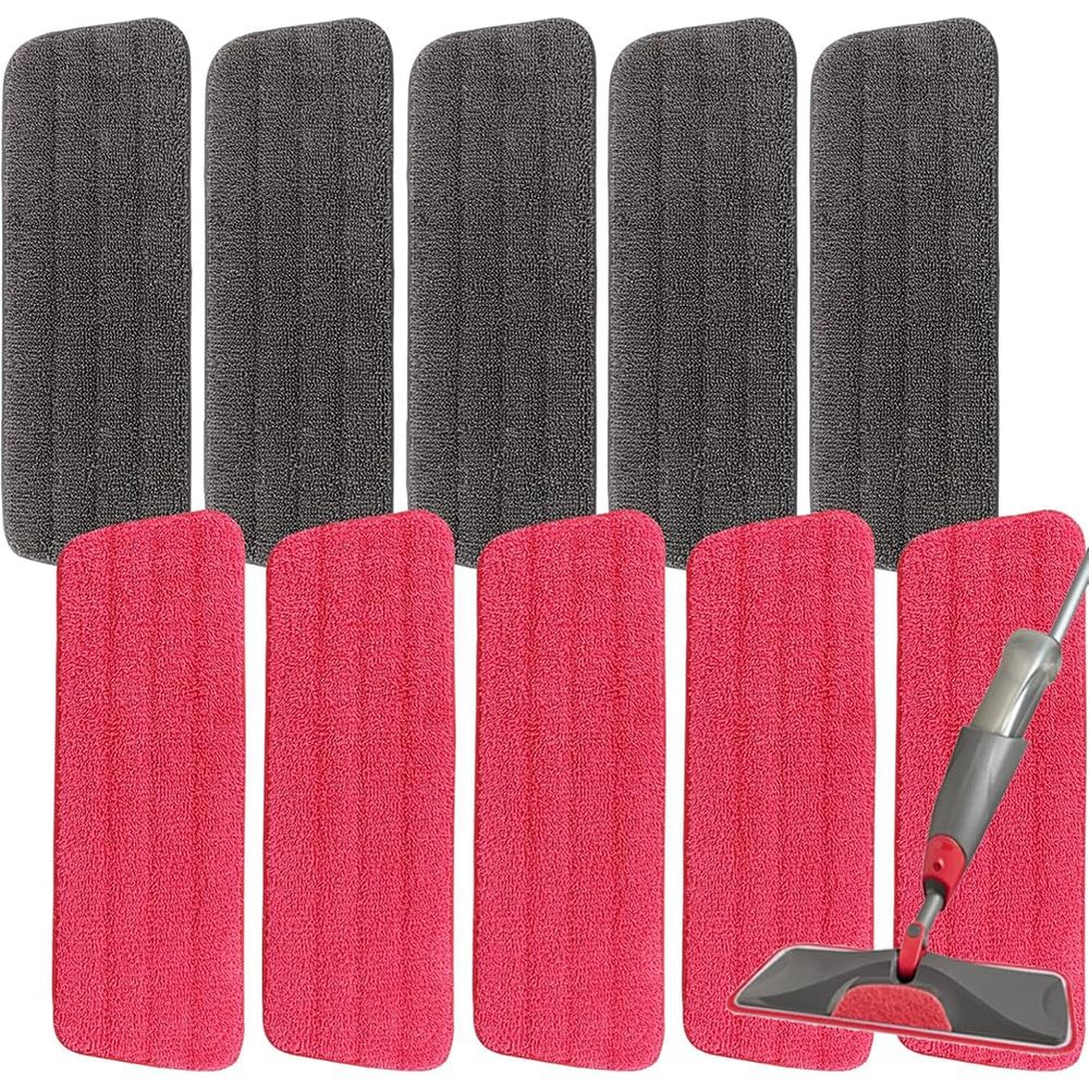 16.5 inch Microfiber Mop Pads for Rubbermaid Reveal Spray Mop and Any 16.5" Flat Mop - 10 Pack 13''-15'' Spray Mop Pad Reusable Washable Replacement Refills - Red & Grey