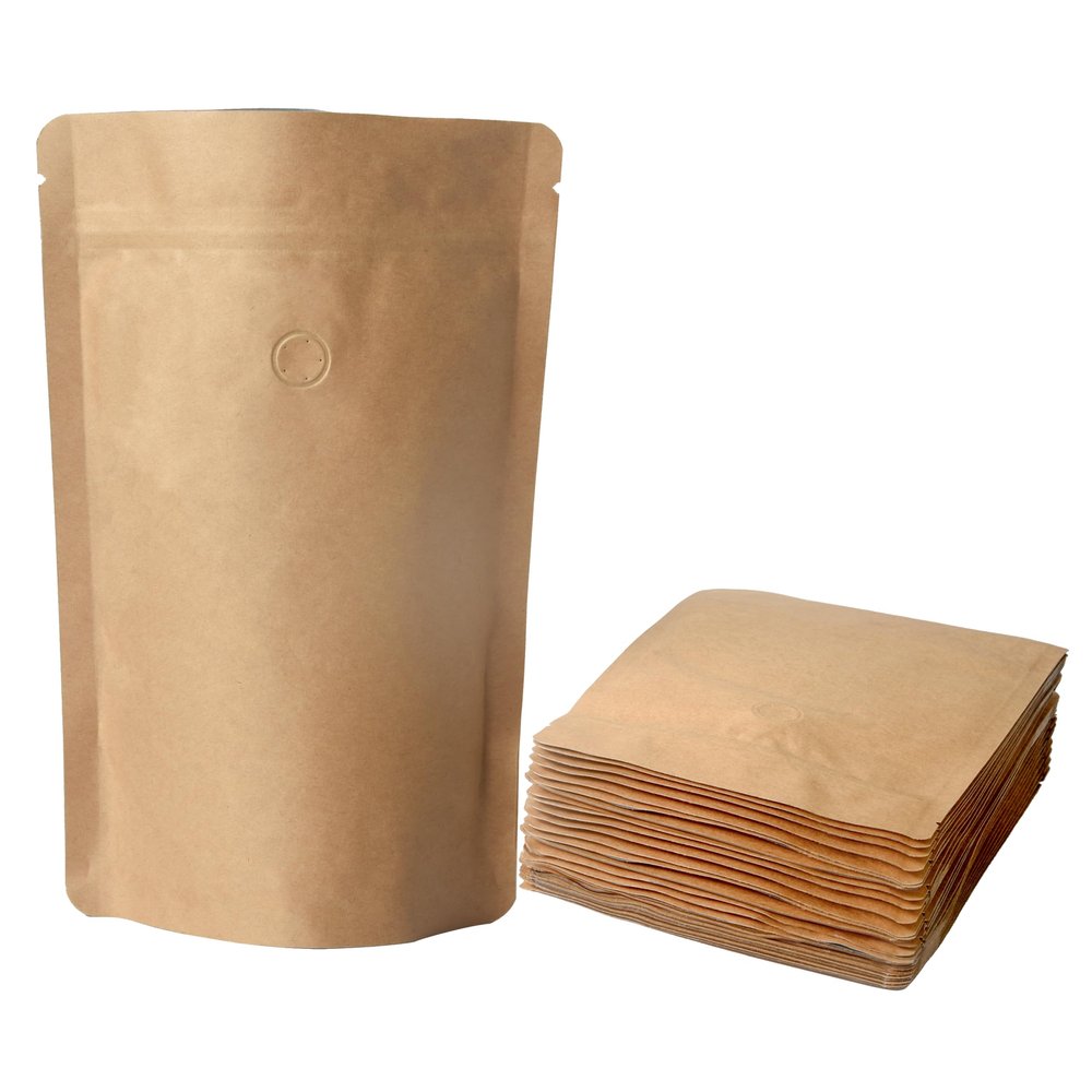 50 Pack Kraft Coffee Bags with Zipper Lock, High Barrier Resealable Stand Up Coffee Pouches, Degassing Valve for Coffee, Size for 12oz/340 Grams Beans or Grounded