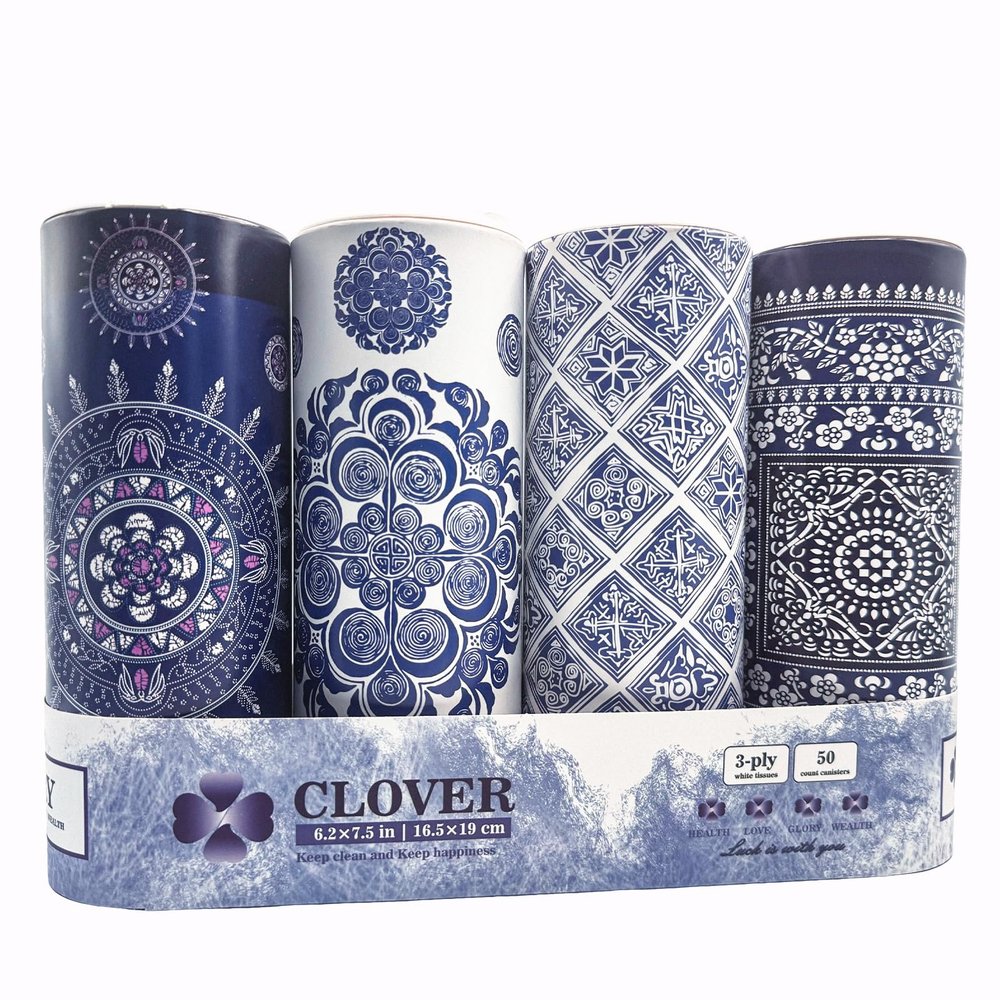 CLOVER Round Tube Facial Tissues & Car Tissues - Travel Tissues in Compact Cylinder for Cup Holder, Office, Bedroom, Vanity (Lition, 3-Ply, Pack of 4)
