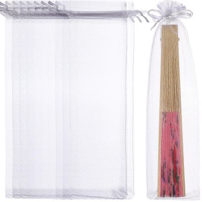 AOKWAWALIY 50pcs Drawstring Organza Bags Hand Fan Bags Folding Fan Dust Bag Small Candy Gauze Bag Clear Pouches for Candy Jewelry Party Wedding Favor(White)