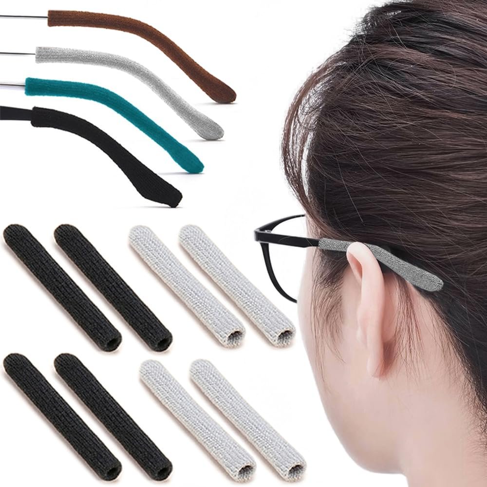 4 Pairs Eye Glasses Ear Grippers, Soft Knitting Cotton Arm Cushion for Glasses Behind Ear, Anti Slip Eye Glass Ear Grips, Non Slip Ear Pads for Glasses, Eyeglasses Temple Tips for Pain (Black&Grey)