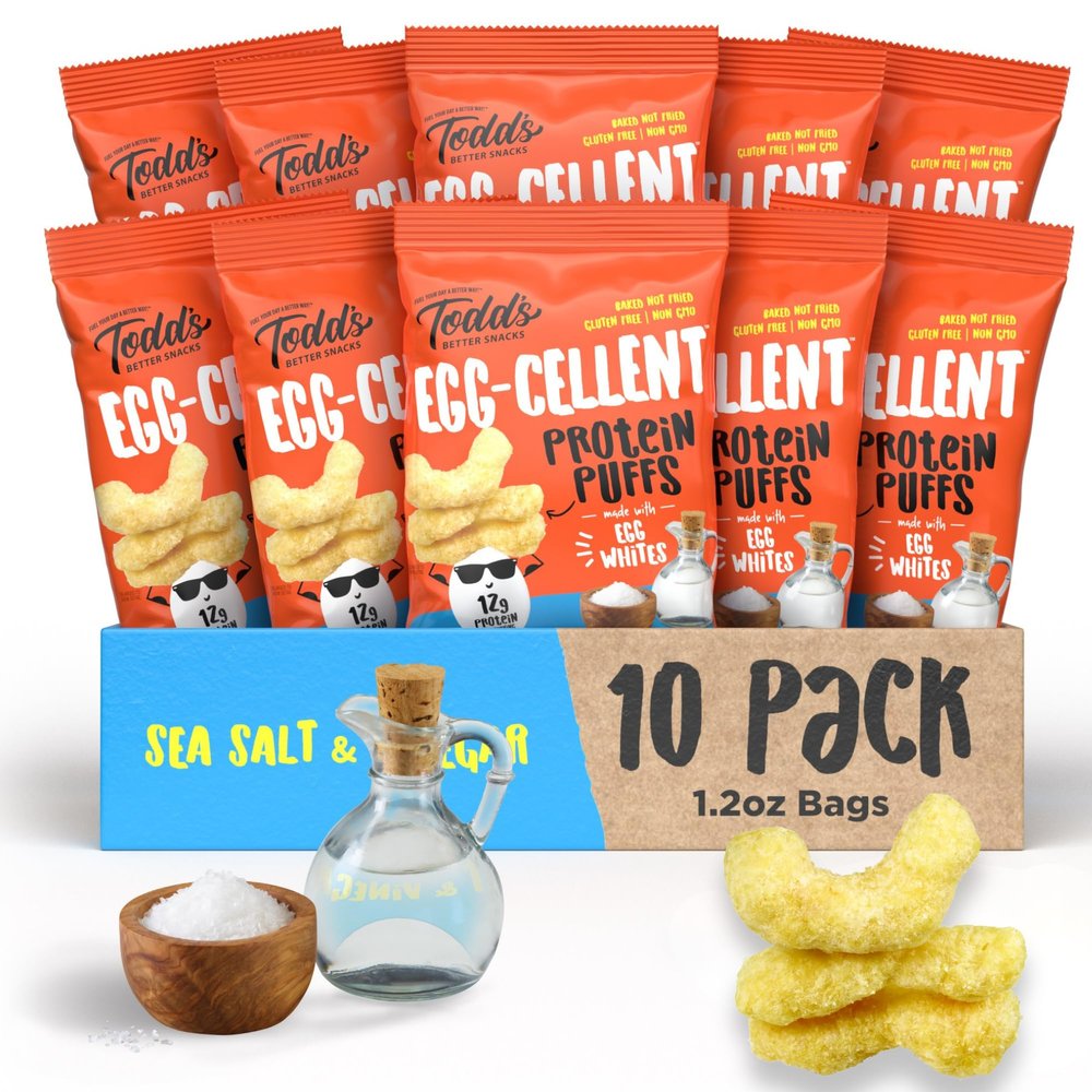 Todd's Better Snacks Egg-Cellent Protein Puffs, Sea Salt & Vinegar  12g Protein, Gluten-Free, Paleo-Friendly, Baked, GLP-1 Compliant  Healthy Snack, Made with Egg Whites  1.2 Oz (Pack of 10)