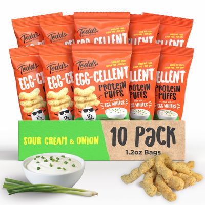 Todd's Better Snacks Egg-Cellent Protein Puffs, Sour Cream & Onion  12g Protein, Gluten-Free, Paleo-Friendly, Baked, GLP-1 Compliant  Healthy Snack, Made with Egg Whites  1.2 Oz (Pack of 10)