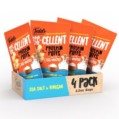 Todd's Better Snacks Egg-Cellent Protein Puffs, Sea Salt & Vinegar  12g Protein, Gluten-Free, Paleo-Friendly, Baked, GLP-1 Compliant  Healthy Snack, Made with Egg Whites  2.5 Oz (Pack of 4)