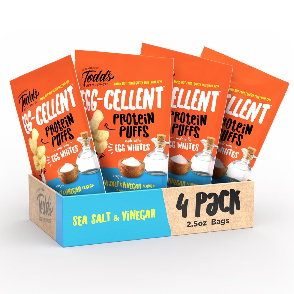 Todd's Better Snacks Egg-Cellent Protein Puffs, Sea Salt & Vinegar 12g Protein, Gluten-Free, Paleo-Friendly, Baked, GLP-1 Compliant Healthy Snack, Made with Egg Whites 2.5 Oz (Pack of 4)
