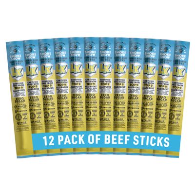 Lorissa's Kitchen Premium Grass-Fed & Finished Beef Jerky Snack Sticks 12-Pack: Original Smoked Flavor, 8g Protein, Certified Free from Top 9 Allergens, Gluten-Free, Non-GMO, Zero Sugar, Keto, Paleo