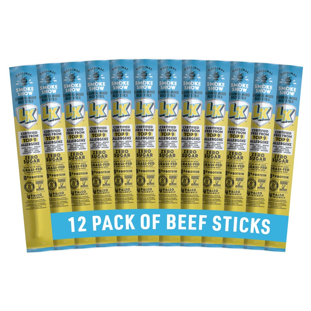 Lorissa's Kitchen Premium Grass-Fed & Finished Beef Jerky Snack Sticks 12-Pack: Original Smoked Flavor, 8g Protein, Certified Free from Top 9 Allergens, Gluten-Free, Non-GMO, Zero Sugar, Keto, Paleo