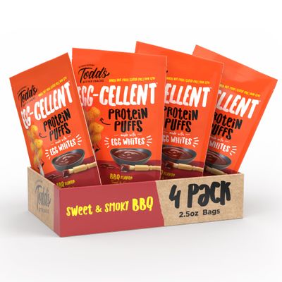 Todd's Better Snacks Egg-Cellent Protein Puffs, Sweet & Smoky BBQ  12g Protein, Gluten-Free, Paleo-Friendly, Baked, GLP-1 Compliant  Healthy Snack, Made with Egg Whites  2.5 Oz (Pack of 4)