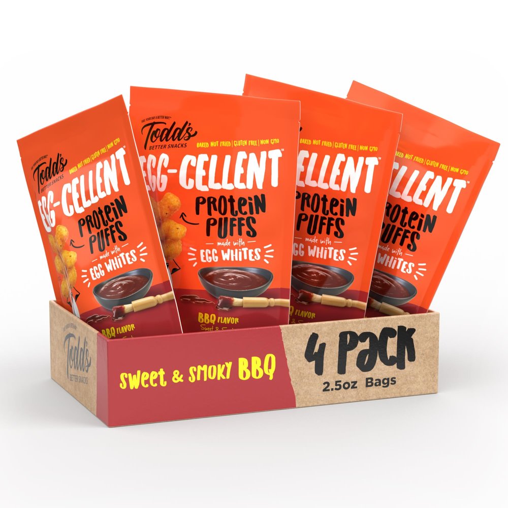 Todd's Better Snacks Egg-Cellent Protein Puffs, Sweet & Smoky BBQ 12g Protein, Gluten-Free, Paleo-Friendly, Baked, GLP-1 Compliant Healthy Snack, Made with Egg Whites 2.5 Oz (Pack of 4)
