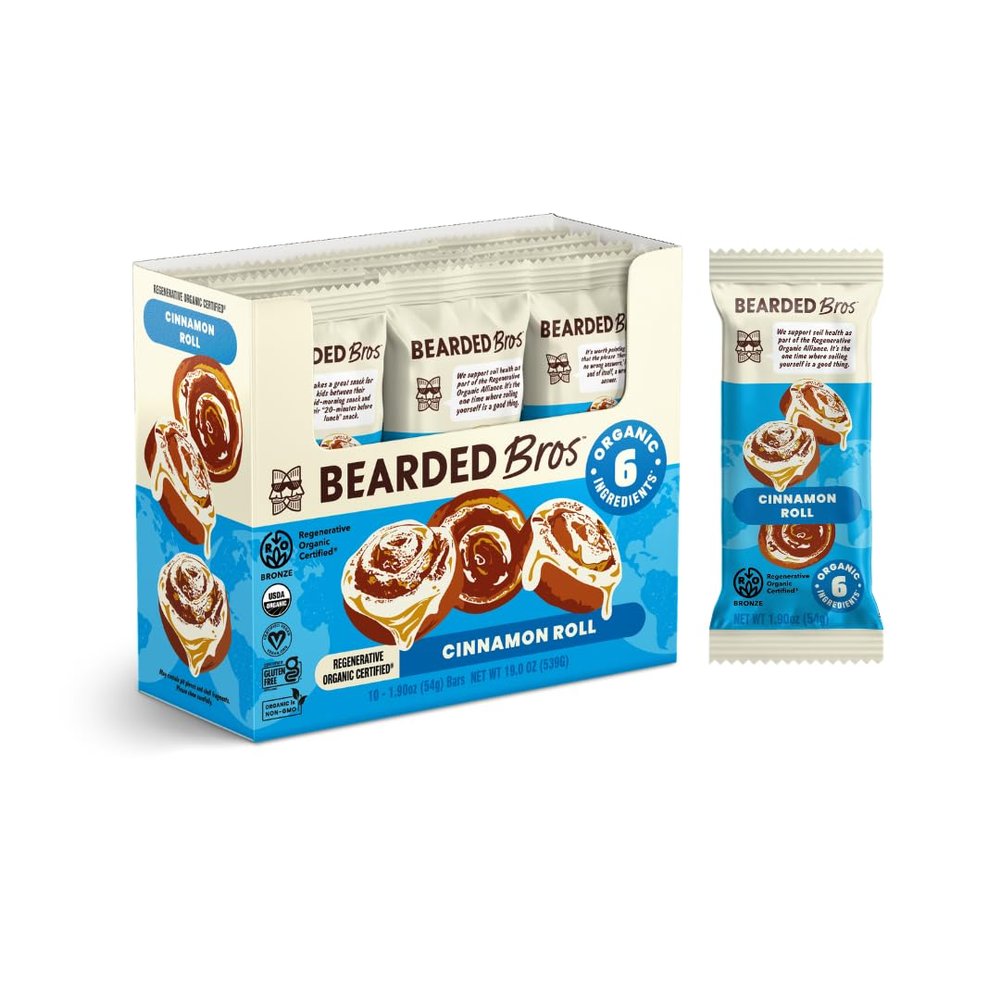 Bearded Brothers Organic Vegan Energy Bars - Gluten & Soy Free, Paleo, Whole 30 | Non GMO, Low Glycemic, High Protein, Fiber (10 Pack, Cinnamon Roll)