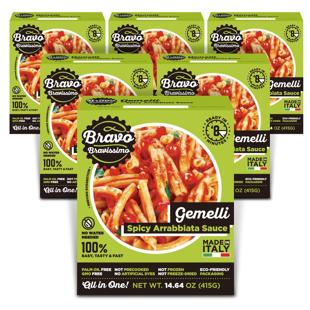 Bravo Bravissimo Gemelli Italian Pasta Meal - Gourmet, Vegan-Friendly, Spicy Arrabbiata Sauce Flavor, Microwaveable, Ready in Minutes, No Refrigeration, Perfect for Quick Meals - 14.64 oz, 6 Pack