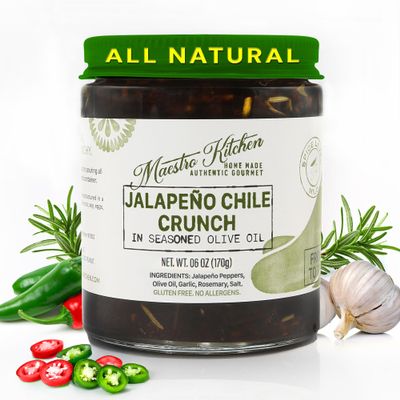 Jalapeno Pepper Chile Crunch 6oz - Mild Mexican Chili Crisp in 100% All Natural Seasoned Olive Oil, Garlic & Rosemary - Spicy Crunchy Hot Sauce Keto Friendly Vegan Gluten Free NON GMO