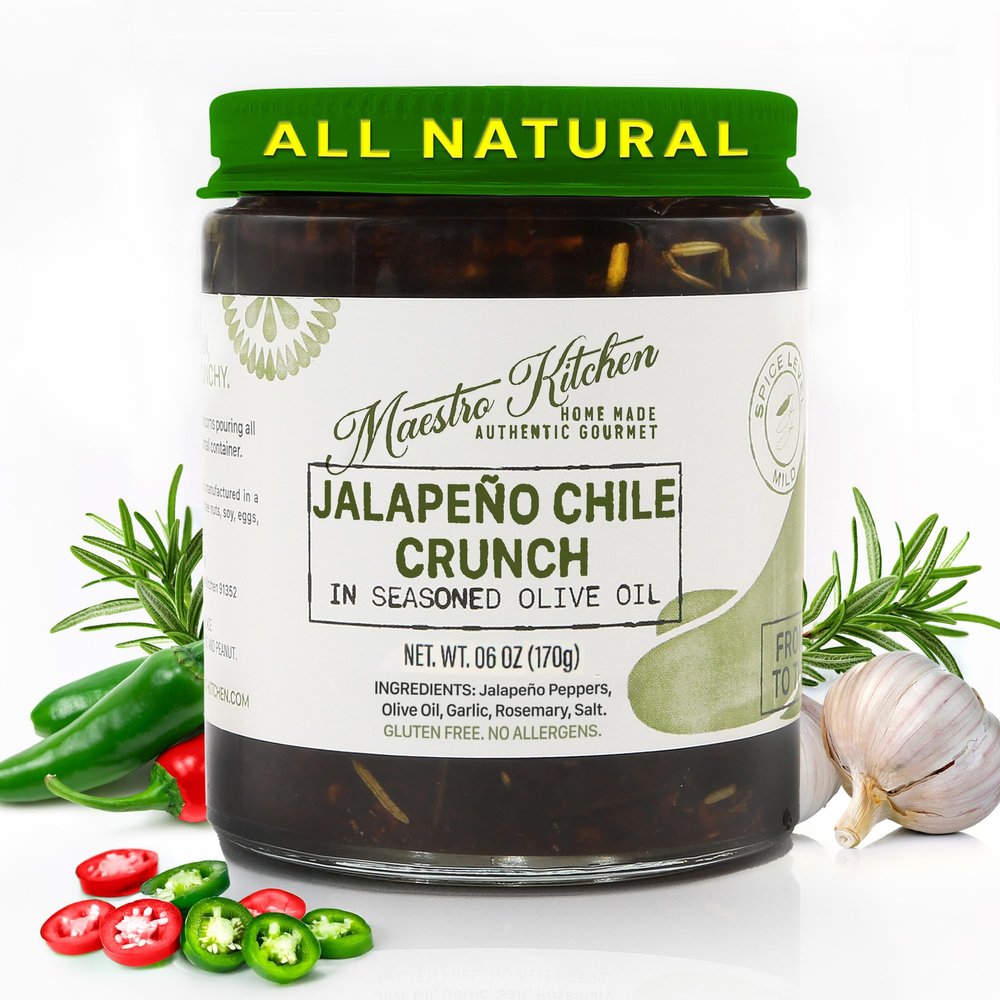 Jalapeno Pepper Chile Crunch 6oz - Mild Mexican Chili Crisp in 100% All Natural Seasoned Olive Oil, Garlic & Rosemary - Spicy Crunchy Hot Sauce  Keto Friendly Vegan Gluten Free NON GMO