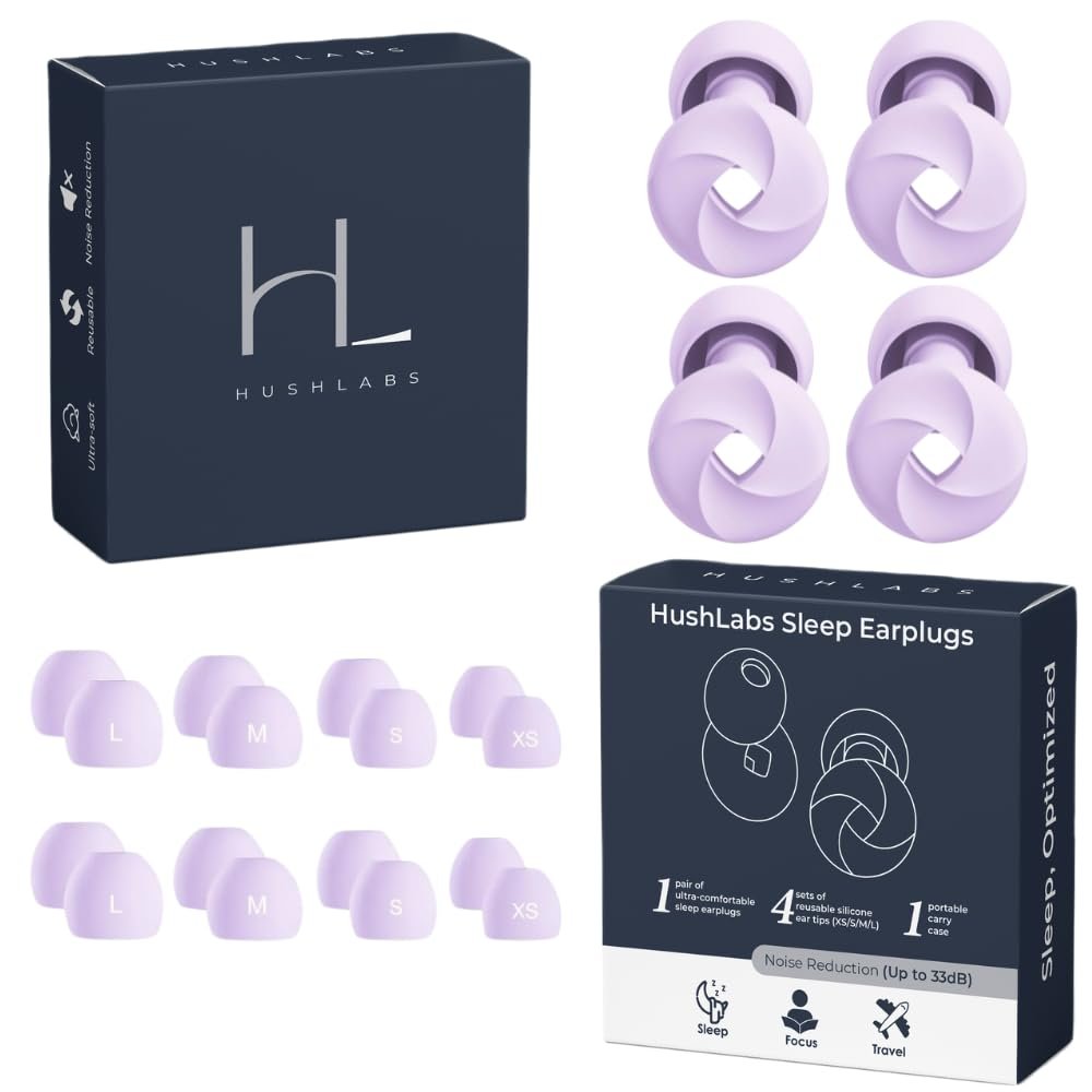 2 Pairs Earplugs for Sleeping, Noise Cancelling, Snoring, Airplanes, Loud, Focus, Comfortable, Safe, Soft, Hypoallergenic, Silicon Reusable with extraEarbuds -33dB (Violet x2)