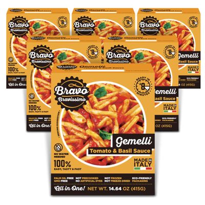 Bravo Bravissimo Gemelli Italian Pasta Meal - Gourmet, Vegan-Friendly, Tomato & Basil Sauce Flavor, Microwaveable, Ready in Minutes, No Refrigeration, Perfect for Quick Meals - 14.64 oz, 6 Pack