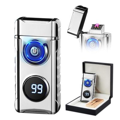 SKRFIRE Plasma Rechargeable Electric Lighter for Candle - Arc Type C Electronic Torch, Windproof Portable Metal With LED Power Display for Camping, Hiking, BBQ (Silvery)