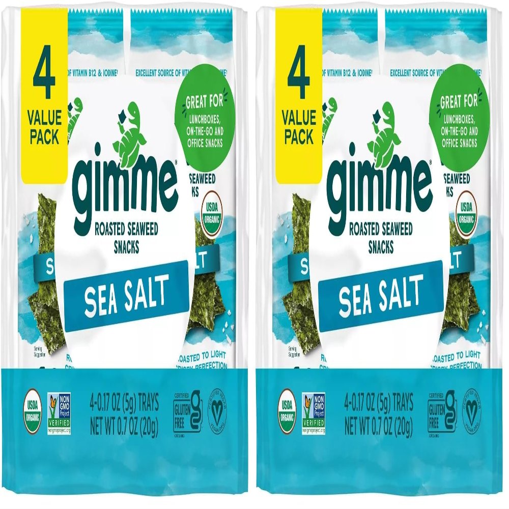 gimMe - Sea Salt - Organic Roasted Seaweed Sheets - Keto, Vegan, Gluten Free - Great Source of Iodine & Omega 3s - Healthy On-The-Go Snack for Kids Adults 4 Count (Pack of 2)