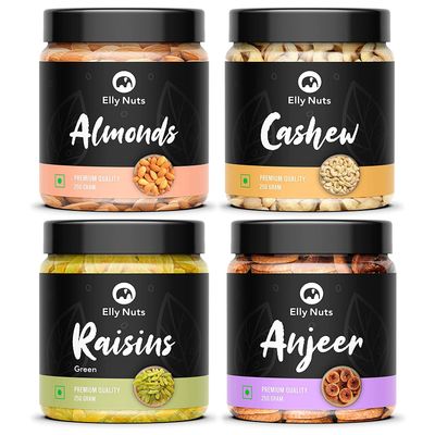 Elly Nuts Dry Fruits Combo Pack - (250 gms x 4) 1kg (California Almonds, Cashews, Raisins & Figs) - All Premium [Jar Pack]