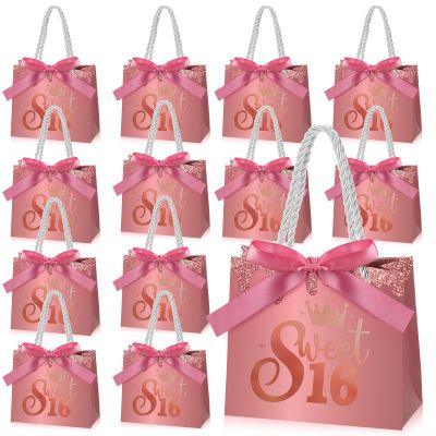 Spakon 25 Pcs Sweet 16 Party Favors for Guests 16 Years Birthday Party Gift Bags with Handles and Ribbons Sweet 16 Candy Bags Paper Gifts Bag for Birthday Decorations