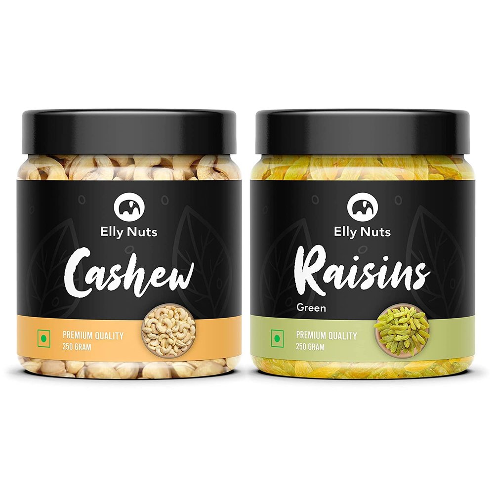 Elly Nuts Combo Pack of 500 gms Cashew Nuts| Kaju & Green Raisins| Hari Kishmish Combo Pack 250 gms Each | Kaju & Kishmish [Jar Pack]