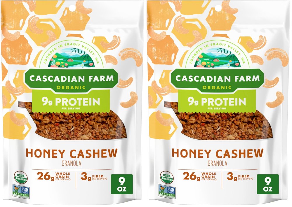 Cascadian Farm Organic Honey Cashew Granola, Protein Granola, Non-GMO, 9 oz Resealable Pouch (Pack of 2)