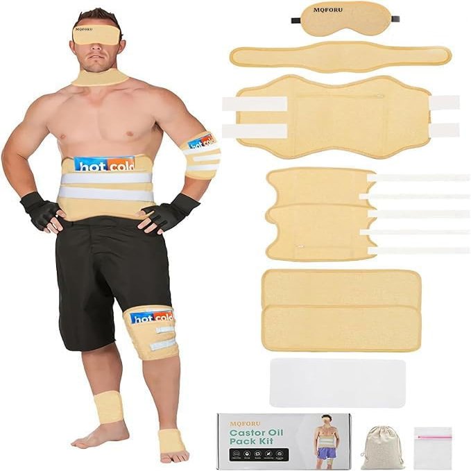 MQFORU 10 Pcs Castor Oil Pack Wrap, Plus Size Castor Oil Pack for Men Women, XL Reusable Castor Oil Wrap Kit for Eyes Neck Stomach Waist Knees Legs Feet, Mixed Fibre Fabrics, Flannel Cotton