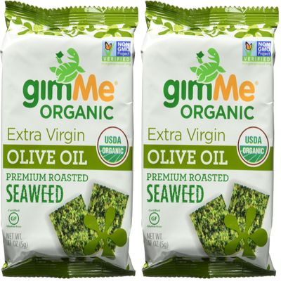 gimMe Snacks Organic Premium Roasted Seaweed, Extra Virgin Olive Oil, 0.17 Oz (Pack of 2)