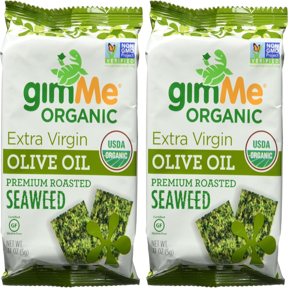gimMe Snacks Organic Premium Roasted Seaweed, Extra Virgin Olive Oil, 0.17 Oz (Pack of 2)