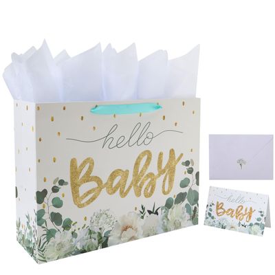 16.5" Extra Large White Gift Bag Set with Greeting Card and Tissue Papers (Gold Glitter Baby) for Baby Shower, Baby Girl or Boy, Girls' Birthday Party, Women's Birthday Parties - 16.5x5.5x12.6, 1 Pcs.