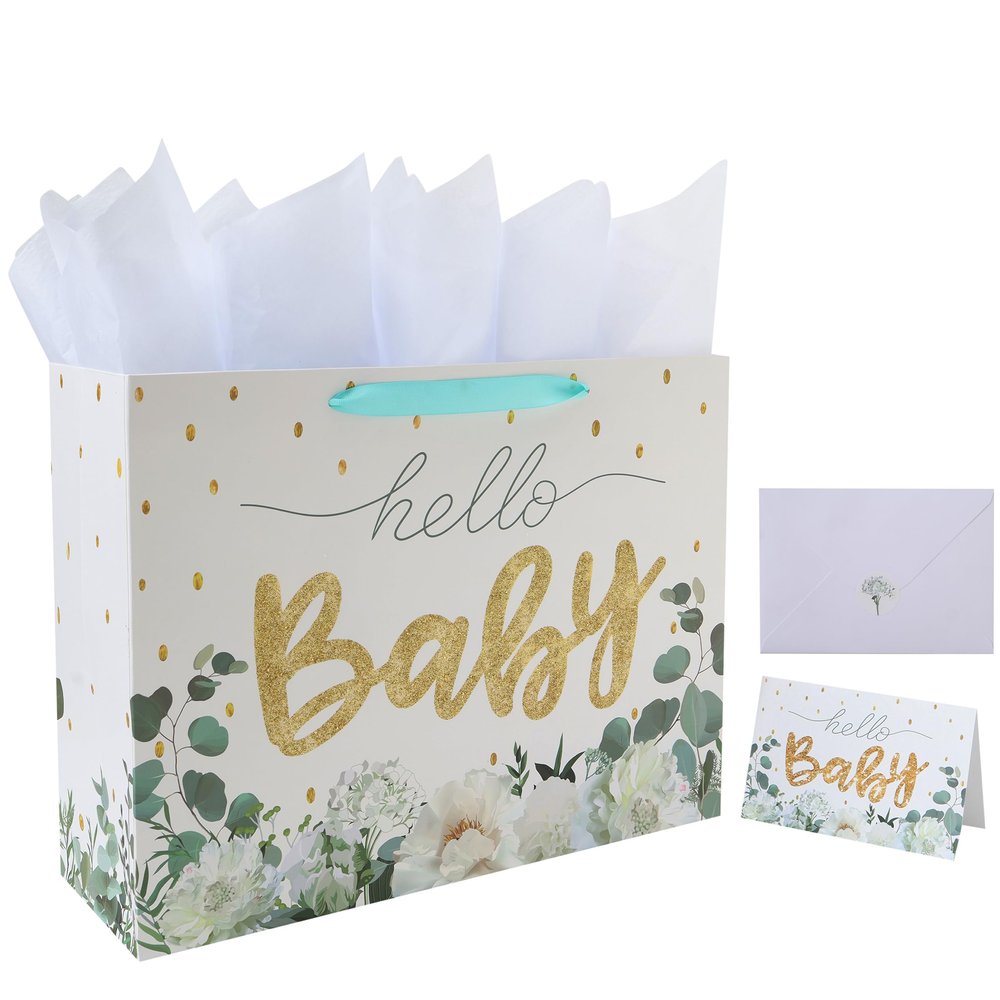 16.5" Extra Large White Gift Bag Set with Greeting Card and Tissue Papers (Gold Glitter Baby) for Baby Shower, Baby Girl or Boy, Girls' Birthday Party, Women's Birthday Parties - 16.5x5.5x12.6, 1 Pcs.