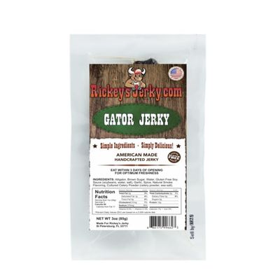 Rickey's Alligator Jerky, 100% Made From Solid Strips of Alligator, Exotic Wild Game Jerky, All Natural Meat, High Protein snack, Keto Friendly, Gluten Free, Simple Ingredients, exotic wild game jerky meat snack,, Perfect for Father's Day or that har