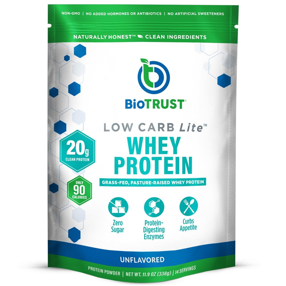 BioTrust Low Carb Lite, Low Calorie Protein Powder  Low Carb, Sugar Free, Low Sodium, Keto Protein Powder  20g Grass-Fed Whey Protein Isolate with Digestive Enzymes  Unflavored, 14 Servings