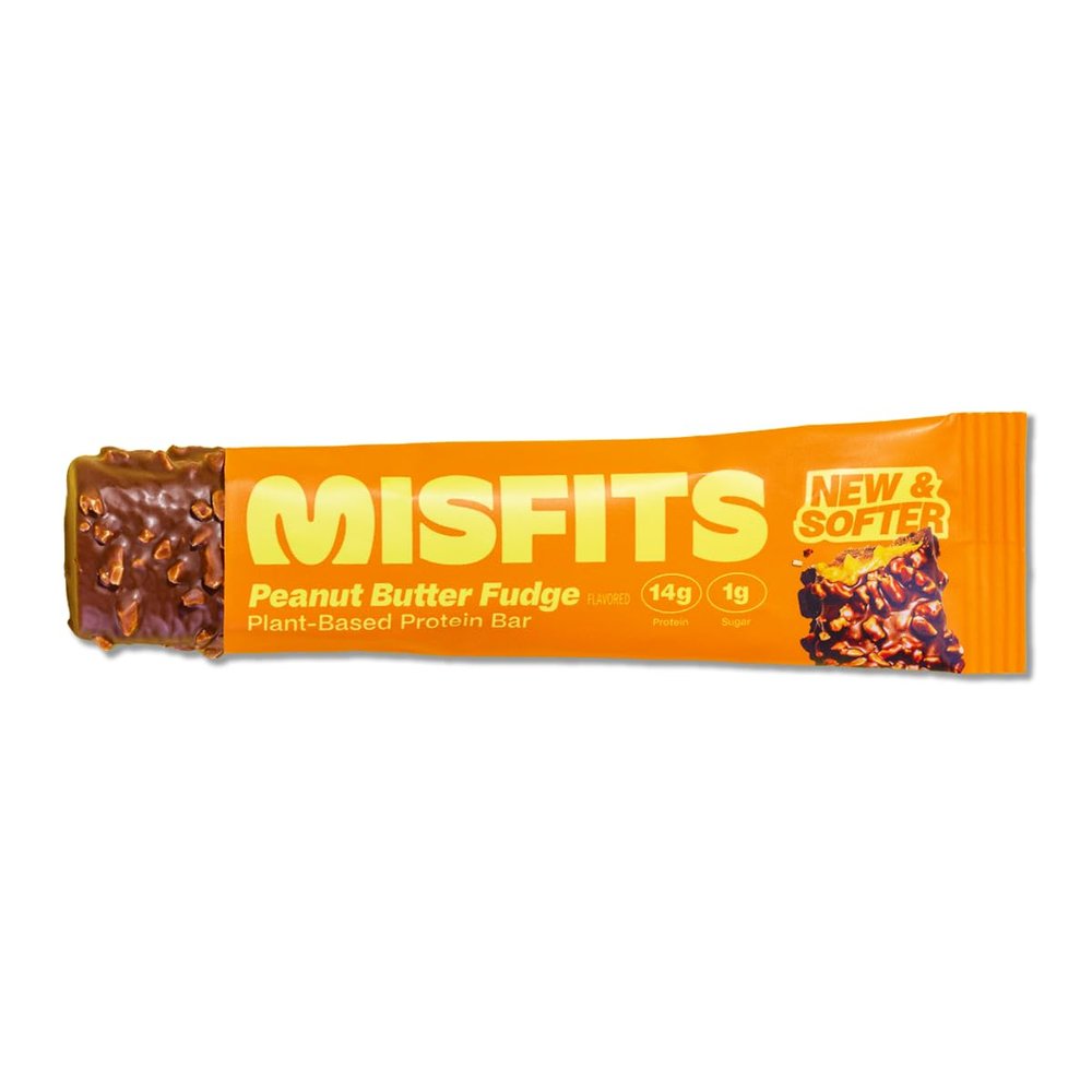 Misfits High Protein Bar, Peanut Butter Fudge, Non GMO, Plant Based Vegan Protein Bar, Low Sugar, High Fiber Snack