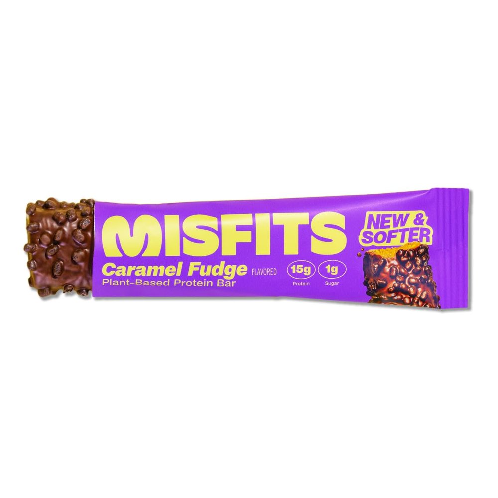 Misfits High Protein Bar, Caramel Fudge, Gluten Free, Non GMO, Plant Based Vegan Protein Bar, Low Sugar, High Fiber Snack