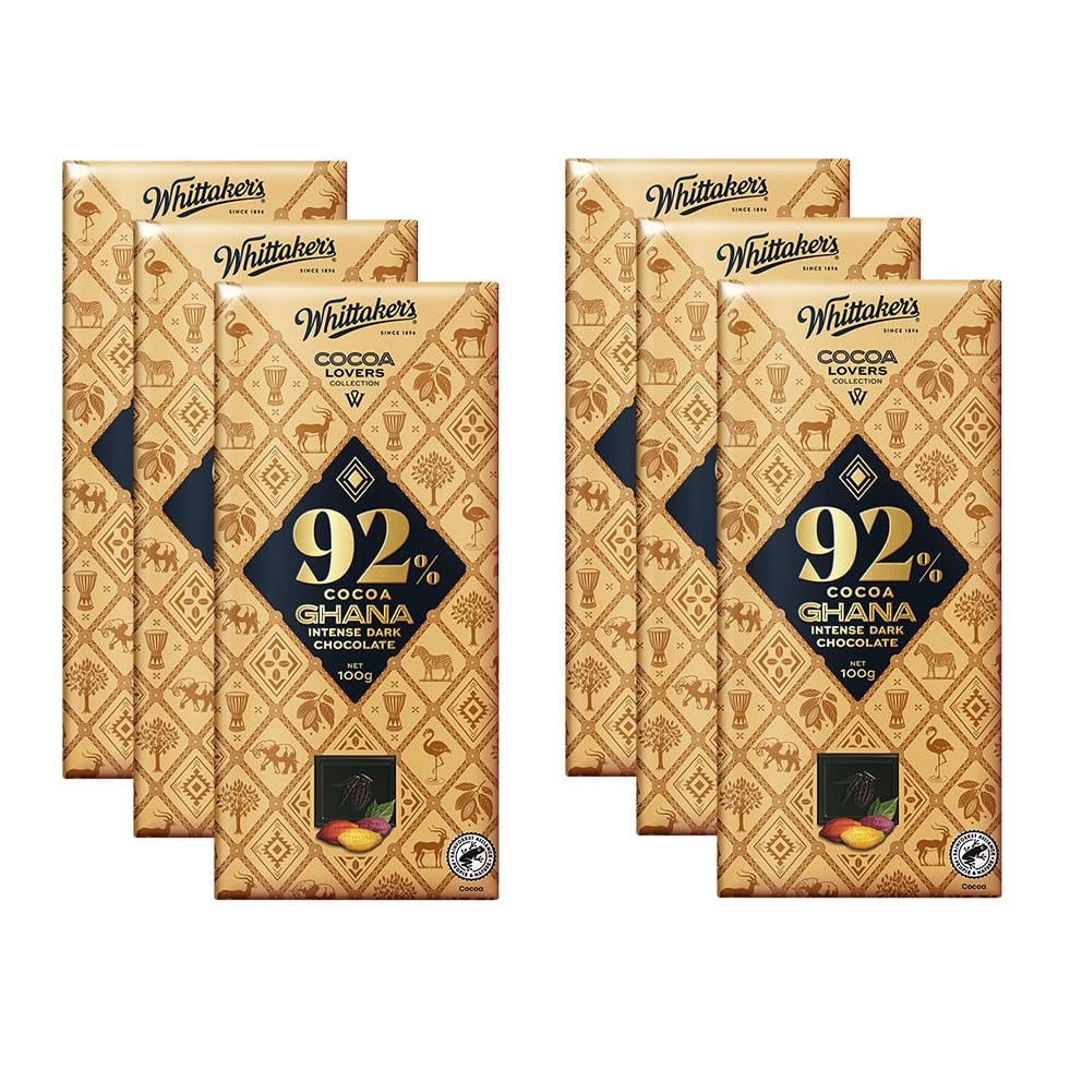 Whittaker's Cocoa Lovers 92% Cocoa Ghana Intense Dark Chocolate 100g (Pack of 6) Made in New Zealand, Full Size