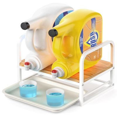 Laundry Detergent Holder Stand with Drip Tray, White Frame & Natural Wood