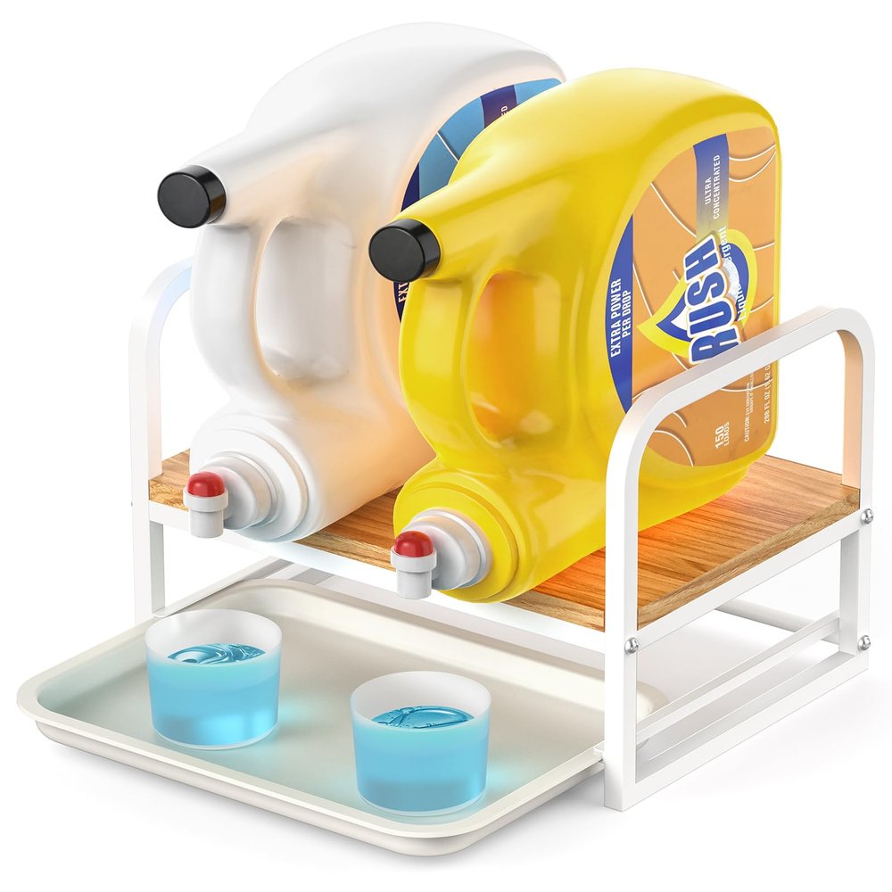Laundry Detergent Holder Stand with Drip Tray, White Frame & Natural Wood